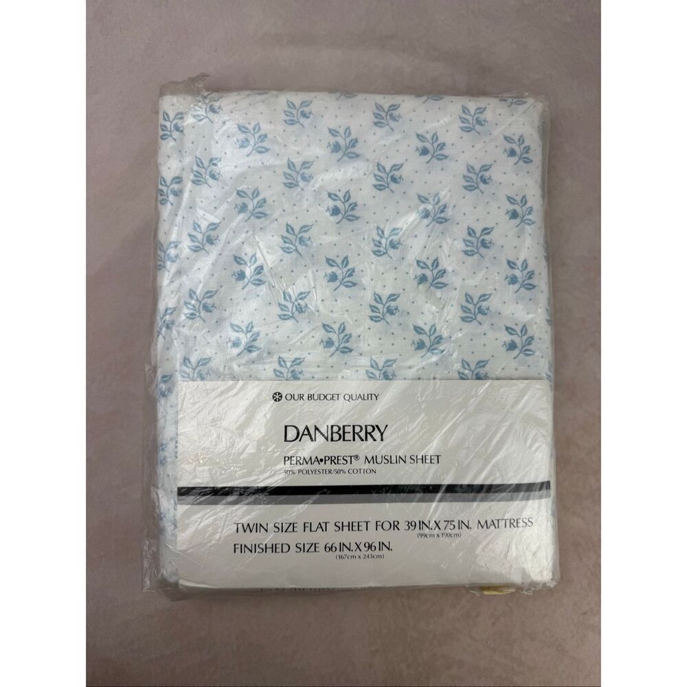 Vintage Twin Flat Sheet NOS Danberry Blue and White Floral Cottagecore